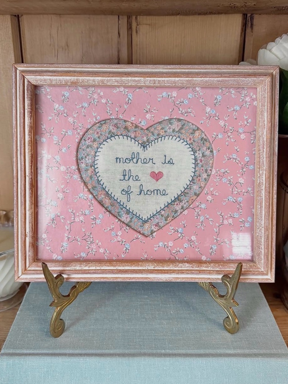 Vintage Cross Stitch Heart "Mother is the Heart of Home" Framed Wall Art